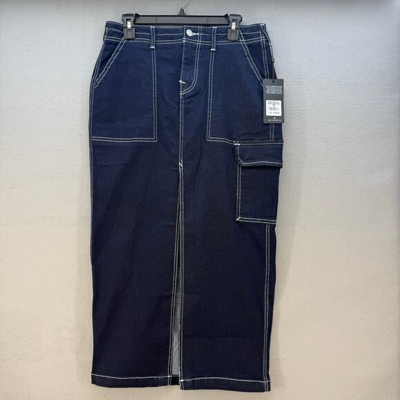 True Religion Denim Cargo Maxi Skirt Women's 27 (4) Dark Blue Preppy Utility Y2K - Picture 1 of 13